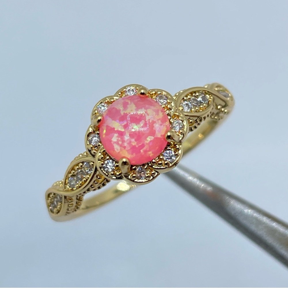 Pink Faux Opal CZ Ring Gold Vintage Style Halo Floral Engagement Ring Art Deco